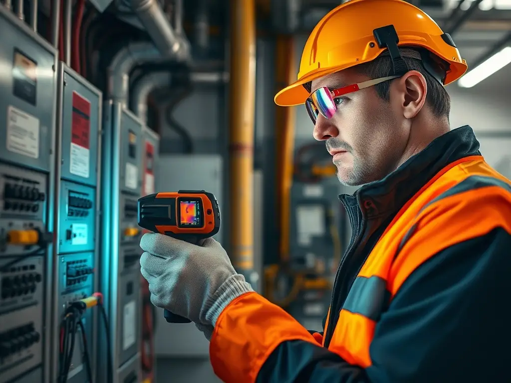 A high-resolution image depicting an electrical safety inspector using a thermal imaging camera to inspect an electrical panel in a commercial building, highlighting potential overheating issues.